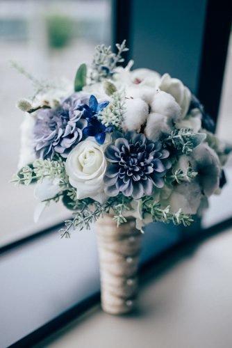 classic blue wedding small bouquets with dahlias and cotton flowers surrey wedding photographer
