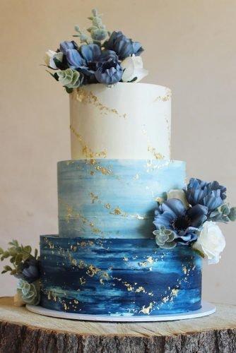 classic blue wedding blue white ombre with flowers and golden foil beth_haxby_cakes