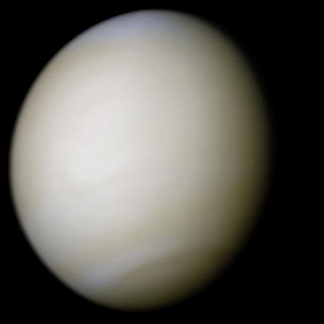 A real-colour image taken by Mariner 10 processed from two filters; the surface is obscured by thick sulfuric acid clouds