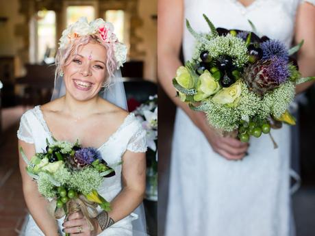 Beautiful alternative bride wearing bindi holds a bouquet that mixes flowers and vegetables. 