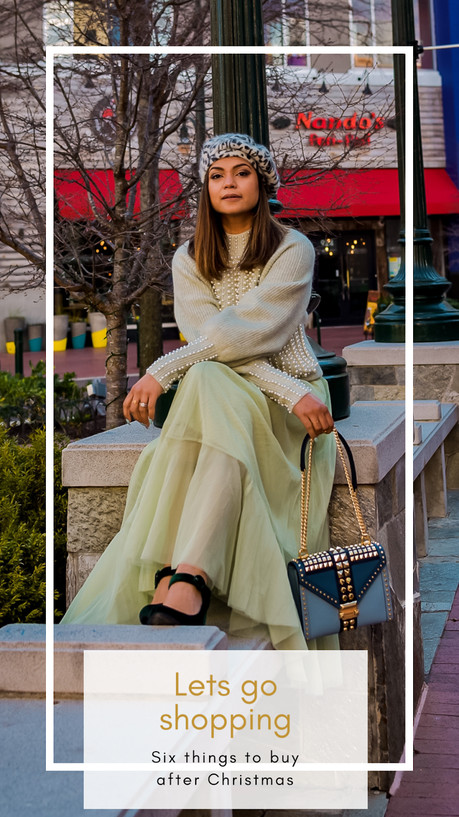 six things to buy after Christmas, shopping, holiday shopping, point pearl sweater, pistachio green tulle dress, holiday style, velvet mary janes, street style, wedding outfit, saumya shiohare, myriad musings