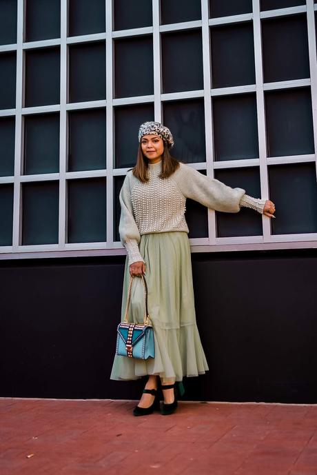 six things to buy after Christmas, shopping, holiday shopping, point pearl sweater, pistachio green tulle dress, holiday style, velvet mary janes, street style, wedding outfit, saumya shiohare, myriad musings