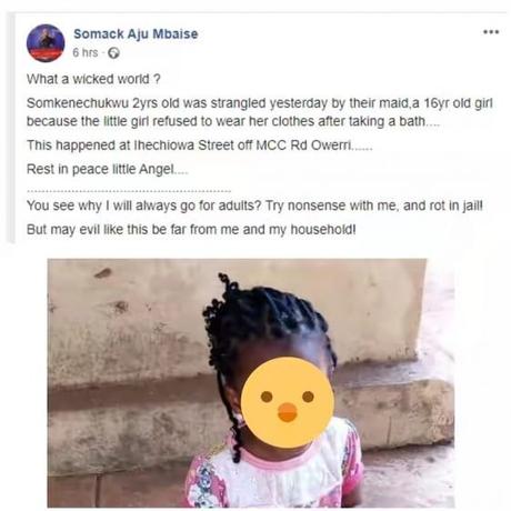 2-Year-Old Girl Allegedly Strangled To Death By Housemaid For Refusing To Wear Her Dress
