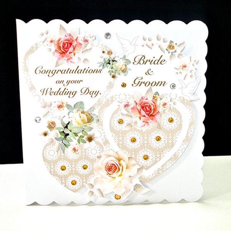 Coral Rose Three Heart Wedding Day Card