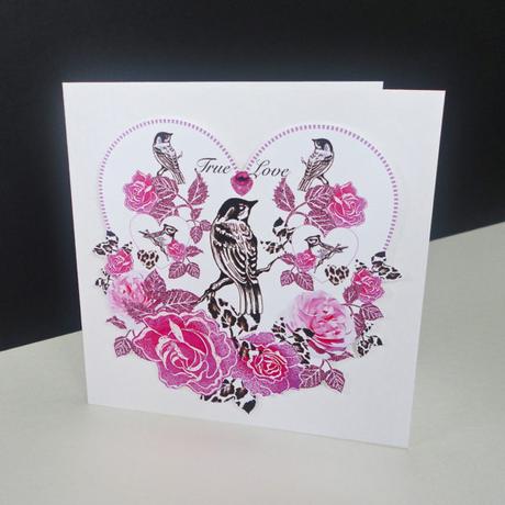 Valentine Pink Rose & Bird Handmade Card