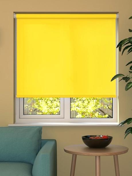 yellow window blinds and gray sunshine roller blind