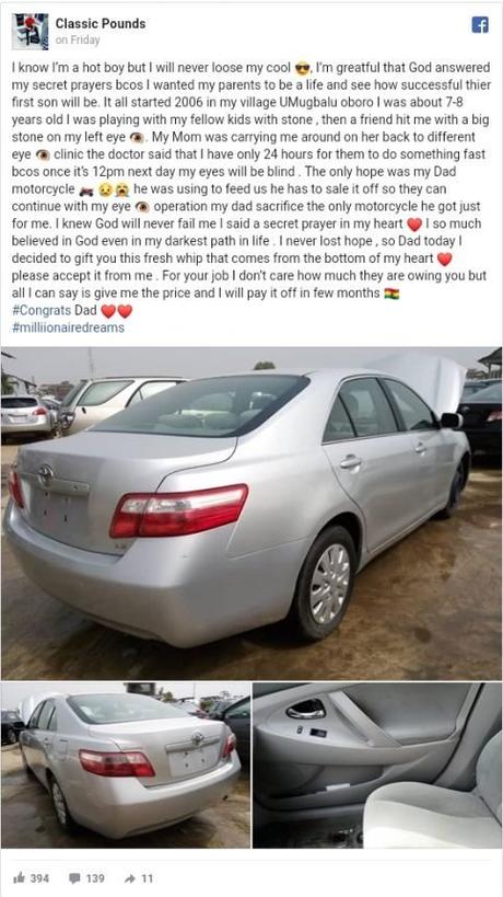 Man Buys Car For His Father Who Sold His Motorcycle To Save His Eye 14 Years Ago [Photos]