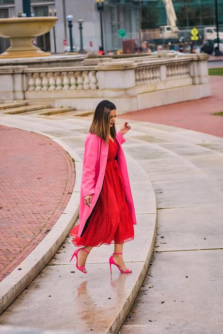 valentines day gift guide, valentines outfit idea, red dress outfit, heart print dress, fashion, style, neon heels, strappy pin k heels, how to wear midi dress in cold weather, neon jacket, zara jacket, boxy, myriad musings, saumya shiohare 