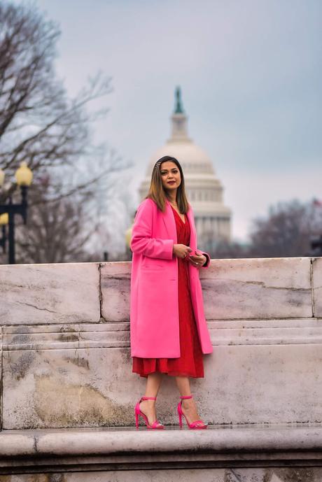 valentines day gift guide, valentines outfit idea, red dress outfit, heart print dress, fashion, style, neon heels, strappy pin k heels, how to wear midi dress in cold weather, neon jacket, zara jacket, boxy, myriad musings, saumya shiohare 
