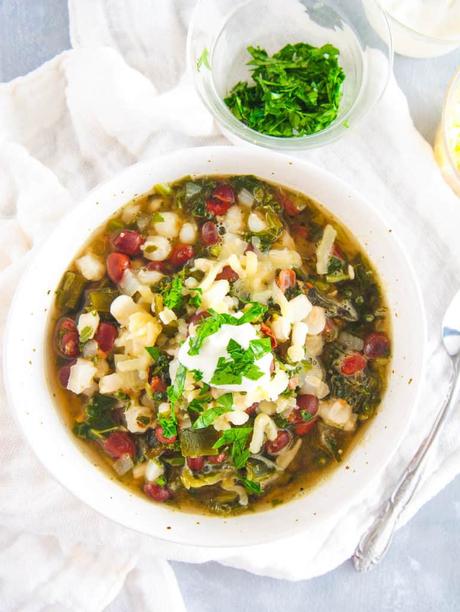 Vegetarian Black Bean Soup with Kale and Hominy