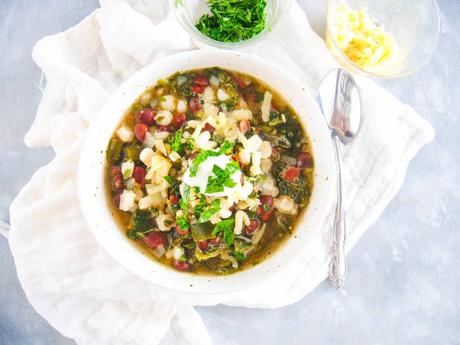 Vegetarian Black Bean Soup with Kale and Hominy