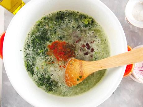 Vegetarian Black Bean Soup with Kale and Hominy