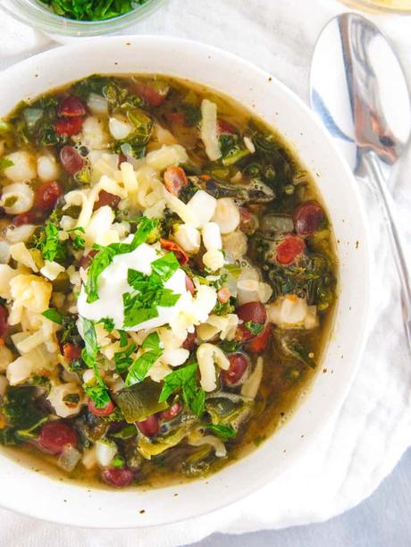 Vegetarian Black Bean Soup with Kale and Hominy