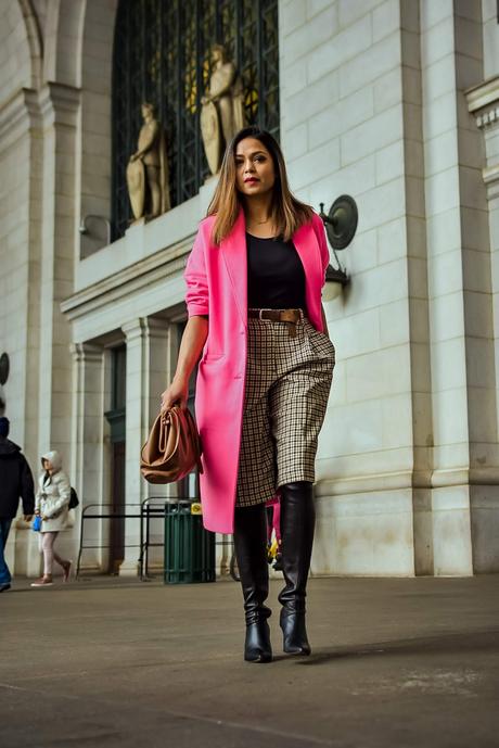 office dressing in winter, office outfit, culottes in winter, black boots, brown plaid pant, pink coat, street style, office layering 101, winter style guide for office wear, myriad musings, saumya shiohare 