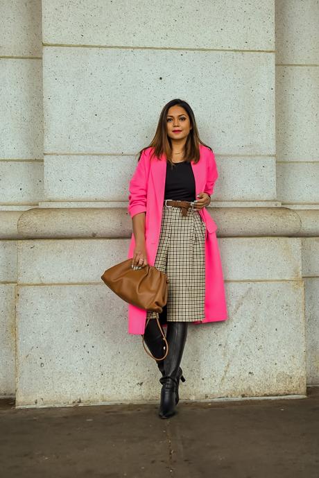 office dressing in winter, office outfit, culottes in winter, black boots, brown plaid pant, pink coat, street style, office layering 101, winter style guide for office wear, myriad musings, saumya shiohare 