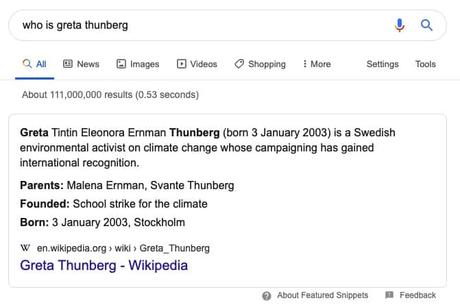 Example of Paragraph Text answer as Featured Snippet, Greta Thunberg