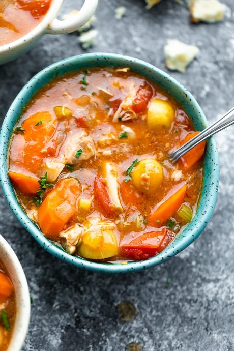 overhead view of Tuscan slow cooker chicken stew in bowl