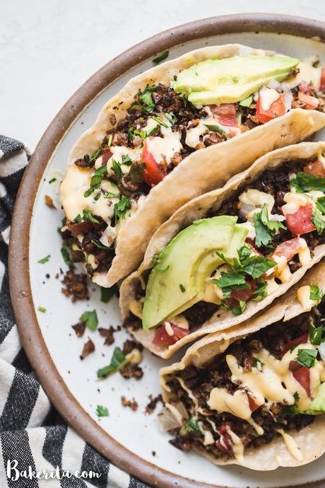 This Vegan Taco Meat recipe is a game-changer! It's made with cauliflower, mushrooms, nuts, and spices. This vegan taco meat alternative is perfect as a vegan taco filling, over nachos, on a taco salad, or wrapped in a burrito.