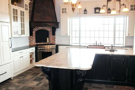 kitchen marble island waterfall spacious custom wood