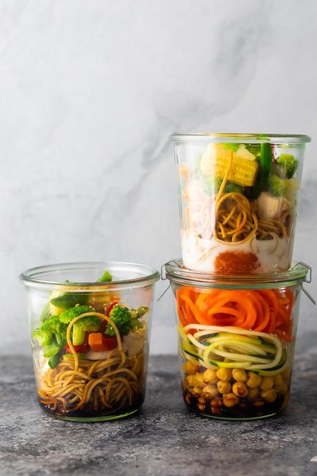 three jars filled with Homemade Instant Noodles