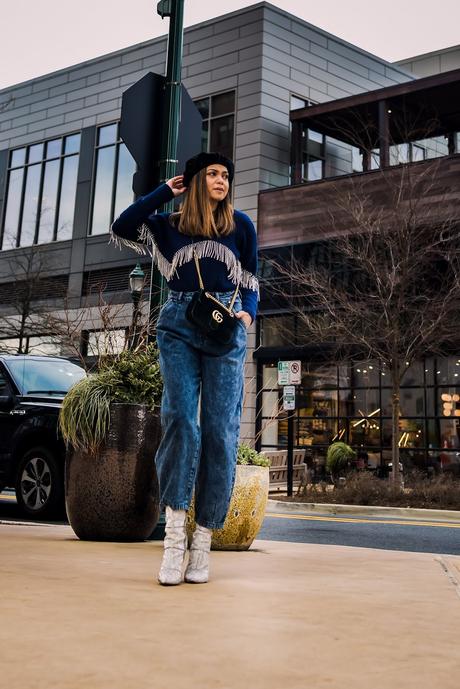 sweater weather, other stories sweater, embellished sweater, navy blue sweater, monochromatic blue outfit, slouchy jeans, fashion, style, ootd, street style, black beret outfit, myriad musings, saumya shiohare 