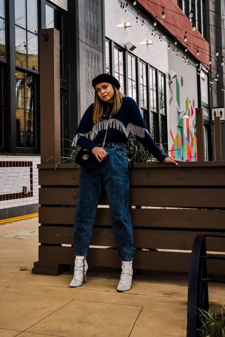 sweater weather, other stories sweater, embellished sweater, navy blue sweater, monochromatic blue outfit, slouchy jeans, fashion, style, ootd, street style, black beret outfit, myriad musings, saumya shiohare 