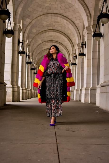 how to look like a million bucks, fashion, anti batik emilie dress, sequin dress, akira multicolored fur coat, steve madden vale s pumps, studded purple heels, fashion, wedding guest outfit, saumya shiohare, myriad musings