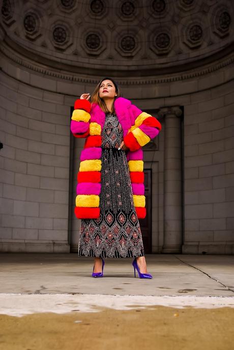 how to look like a million bucks, fashion, anti batik emilie dress, sequin dress, akira multicolored fur coat, steve madden vale s pumps, studded purple heels, fashion, wedding guest outfit, saumya shiohare, myriad musings