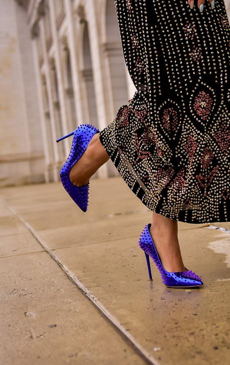 how to look like a million bucks, fashion, anti batik emilie dress, sequin dress, akira multicolored fur coat, steve madden vale s pumps, studded purple heels, fashion, wedding guest outfit, saumya shiohare, myriad musings