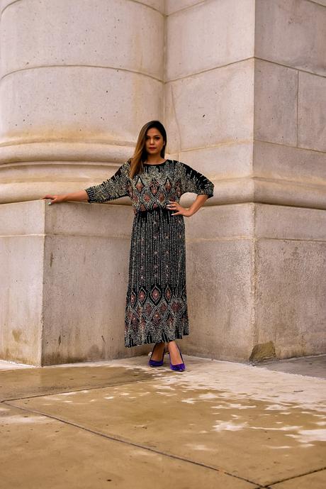 how to look like a million bucks, fashion, anti batik emilie dress, sequin dress, akira multicolored fur coat, steve madden vale s pumps, studded purple heels, fashion, wedding guest outfit, saumya shiohare, myriad musings