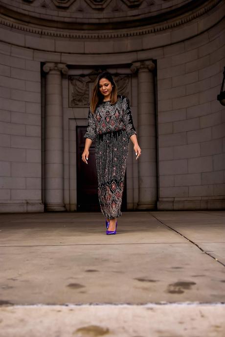 how to look like a million bucks, fashion, anti batik emilie dress, sequin dress, akira multicolored fur coat, steve madden vale s pumps, studded purple heels, fashion, wedding guest outfit, saumya shiohare, myriad musings