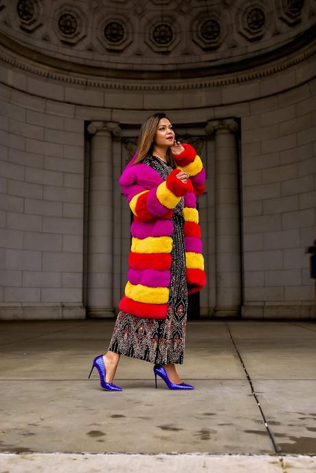 how to look like a million bucks, fashion, anti batik emilie dress, sequin dress, akira multicolored fur coat, steve madden vale s pumps, studded purple heels, fashion, wedding guest outfit, saumya shiohare, myriad musings
