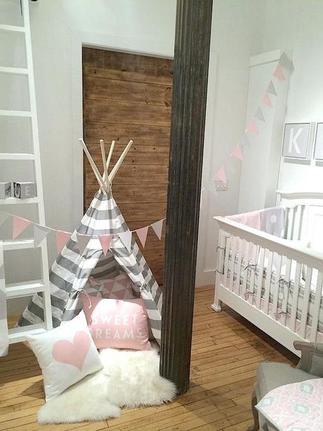 teepee baby room theme pink white and gray in a little girls nursery
