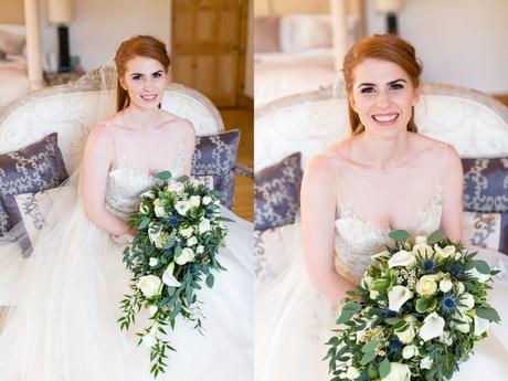 Portraits of beautiful, redheaded bride holding waterfall bouquet. 