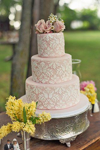chic wedding cakes three tiered pink cake with vintage pattern and roses loulou and me