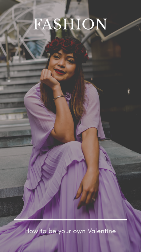 be your own valentine, valentines day outfit idea, fashion, style, purple tiered dress, lavender dress, flower crown, myriad musings, saumya shiohare 