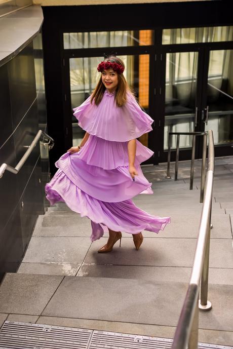 be your own valentine, valentines day outfit idea, fashion, style, purple tiered dress, lavender dress, flower crown, myriad musings, saumya shiohare 