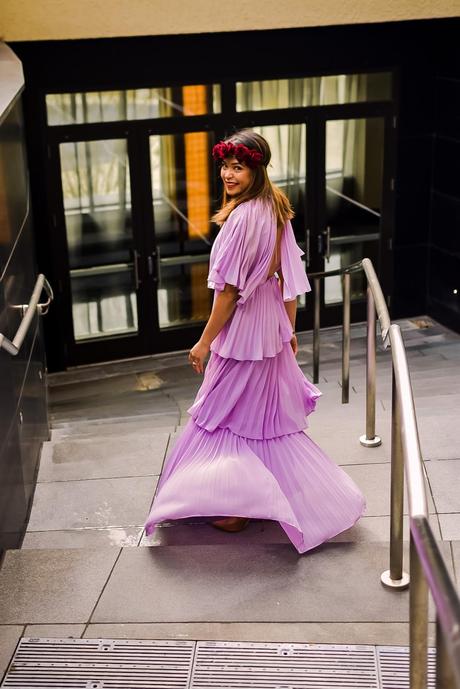 be your own valentine, valentines day outfit idea, fashion, style, purple tiered dress, lavender dress, flower crown, myriad musings, saumya shiohare 