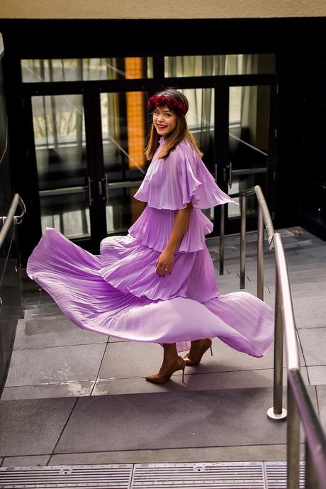 be your own valentine, valentines day outfit idea, fashion, style, purple tiered dress, lavender dress, flower crown, myriad musings, saumya shiohare 