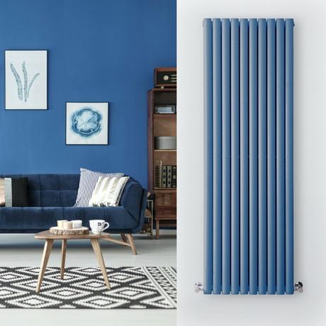 dark blue radiator in a blue living room