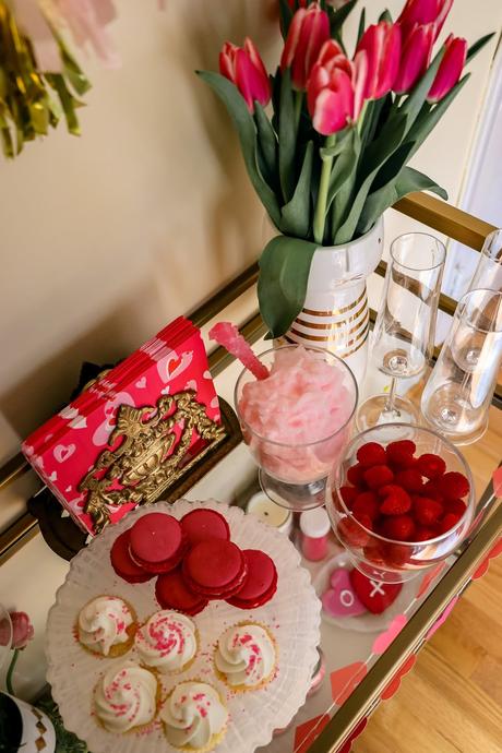 valentine's bar cart, party time, bar cart styling ideas, lifestyle, galentine, valentines day