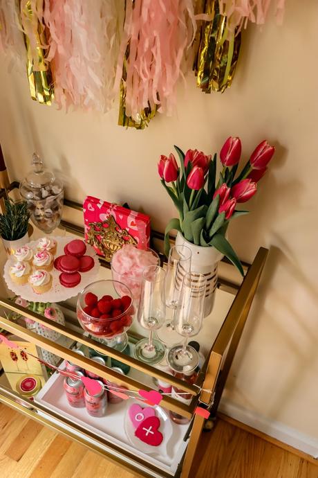 vvalentine's bar cart, party time, bar cart styling ideas, lifestyle, galentine, valentines day