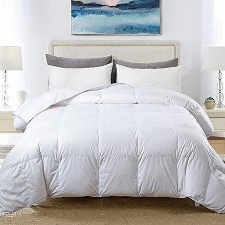 COSYBAY 100% Cotton Quilted Down Comforter White Goose Duck Down and Feather Filling – All Season Duvet Insert or Stand-Alone – Queen Size（90×90 Inch）