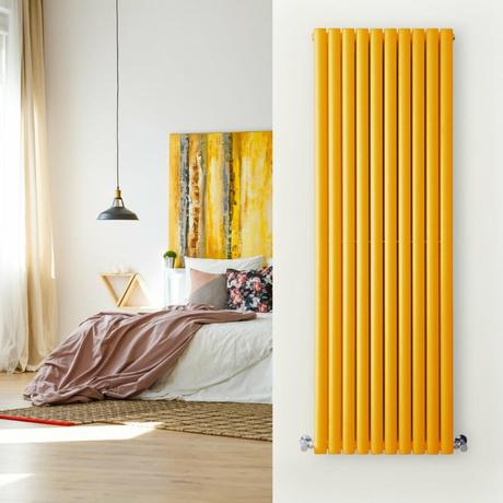 yellow vertical radiator in a yellow bedroom