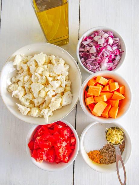 Roasted Cauliflower Curry with Sweet Potatoes