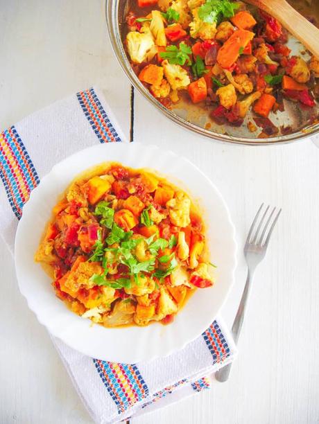 Roasted Cauliflower Curry with Sweet Potatoes