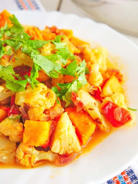 Roasted Cauliflower Curry with Sweet Potatoes