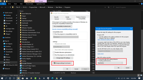 Fix – Google Chrome File Open Dialogue is Blurry (Chrome v80 issue) chrome properties - change high dpi settings