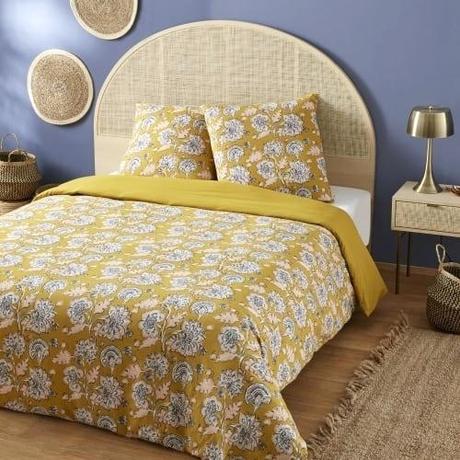 cotton bed linen 100 uk mustard yellow with floral print