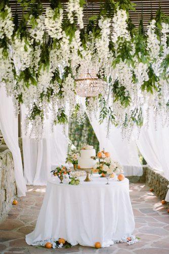 2019 wedding trends summer citrus dessert table with white cake under hanging flowers rebecca yale photography